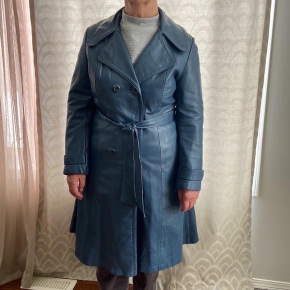 Vintage leather dress coat double breasted with belt steel blue size 12-14 - Picture 7 of 13